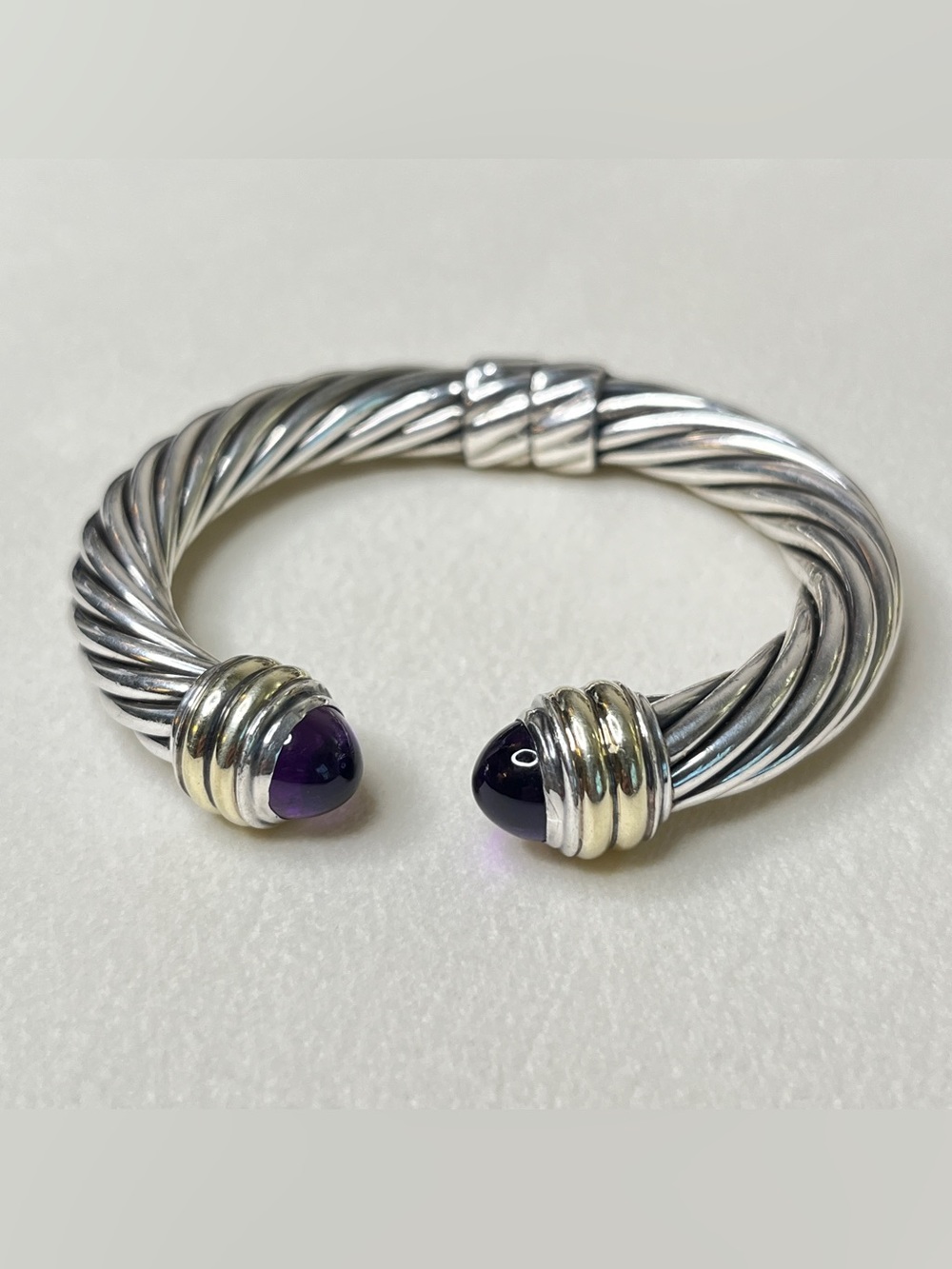 David Yurman Amethyst Cabochon Sterling 14k Hinged Cable Cuff Bracelet
